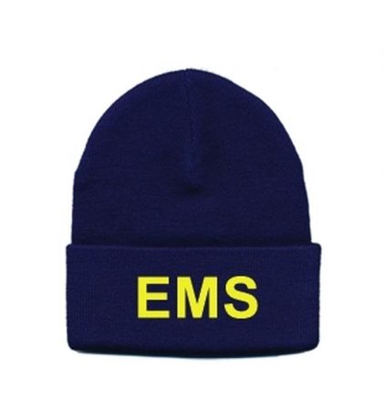 EMS KNIT HAT - GOLD "EMS" LETTERING ON ROYAL BLUE KNIT HAT.